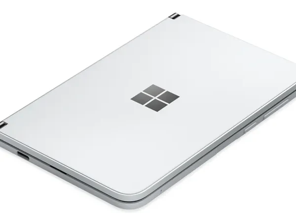 Microsoft Surface Duo dual-screen smartphone, demonstrating its innovative design and productivity features, captured in high resolution for a detailed view.