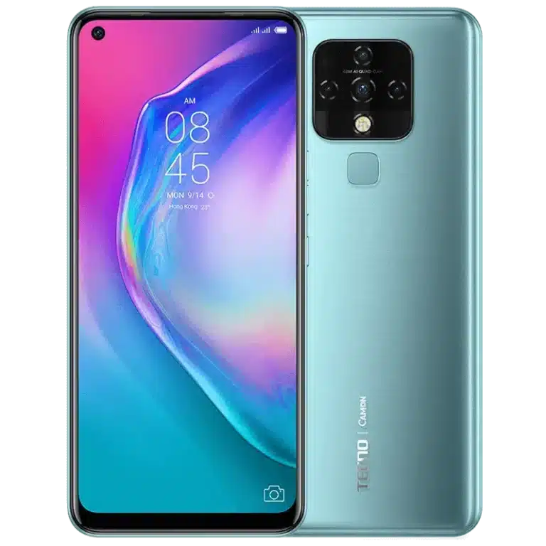 tecno camon 16 Image of the Tecno Camon 16 smartphone, showing its front display and back camera setup with a sleek white finish.