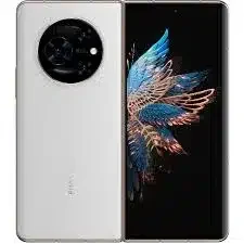 An image of the Tecno Phantom V Fold smartphone, folded to display its compact form factor. The device features a foldable display, seamlessly transitioning between a smartphone and a tablet. Its sleek design and advanced technology redefine innovation in mobile devices.