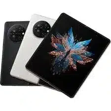 An image of the Tecno Phantom V Fold smartphone, folded to display its compact form factor. The device features a foldable display, seamlessly transitioning between a smartphone and a tablet. Its sleek design and advanced technology redefine innovation in mobile devices.