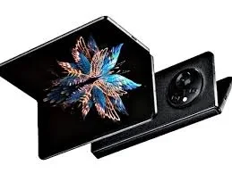 An image of the Tecno Phantom V Fold smartphone, folded to display its compact form factor. The device features a foldable display, seamlessly transitioning between a smartphone and a tablet. Its sleek design and advanced technology redefine innovation in mobile devices.