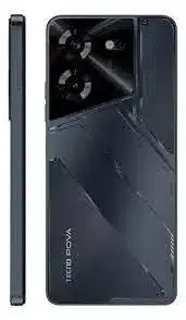 A sleek black smartphone, the Tecno Pova 5, displaying its large screen and modern design.