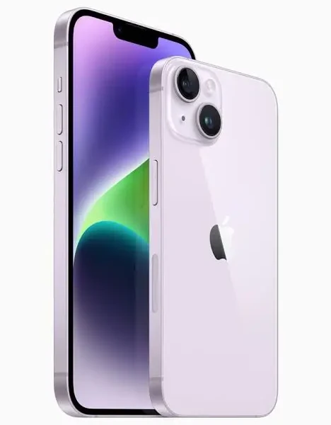 Apple iPhone 14 Plus displaying its large screen and dual-camera setup.