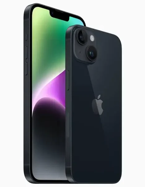 Apple iPhone 14 Plus displaying its large screen and dual-camera setup.