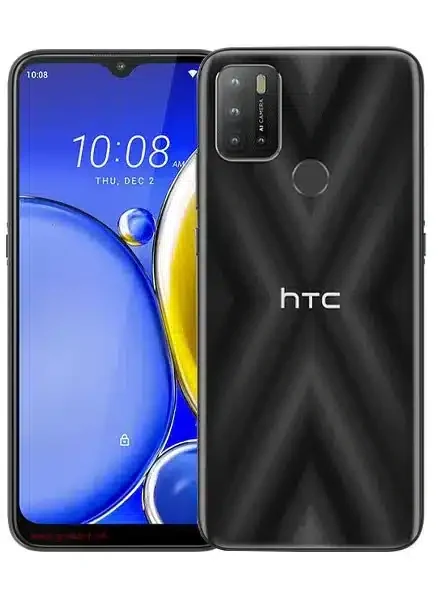 The image depicts the HTC Wildfire E2 Play, showcasing its sleek design, narrow bezels, and a vibrant 6.82-inch HD+ screen.