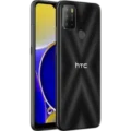 The image depicts the HTC Wildfire E2 Play, showcasing its sleek design, narrow bezels, and a vibrant 6.82-inch HD+ screen.