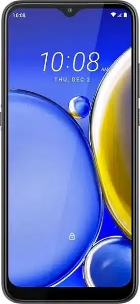 The image depicts the HTC Wildfire E2 Play, showcasing its sleek design, narrow bezels, and a vibrant 6.82-inch HD+ screen.