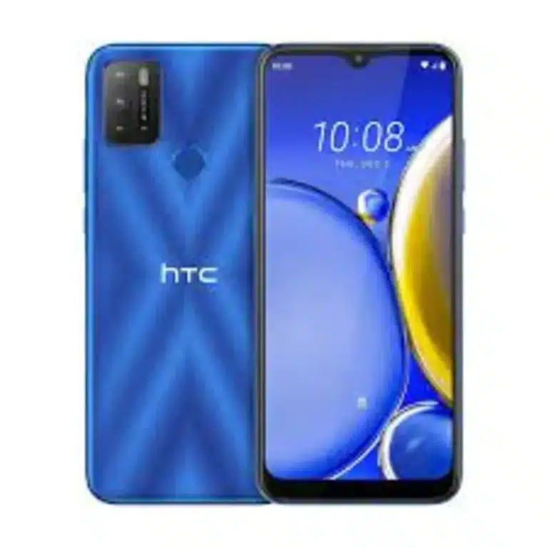 HTC Wildfire E2 Play The image depicts the HTC Wildfire E2 Play, showcasing its sleek design, narrow bezels, and a vibrant 6.82-inch HD+ screen.