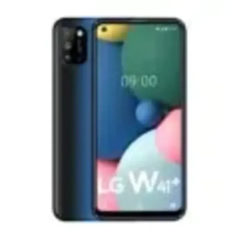 LG W41+ A black LG W41+ smartphone with a centered rear camera system and a waterdrop notch at the top of the display.