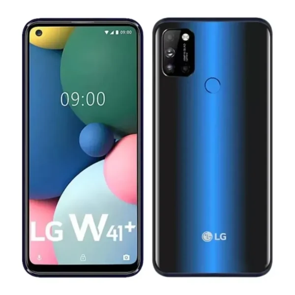 A black LG W41+ smartphone with a centered rear camera system and a waterdrop notch at the top of the display.