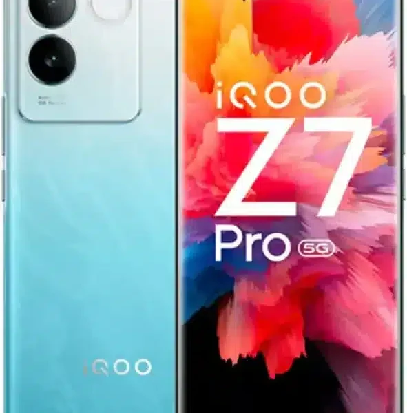 A black iQOO Z7 Pro smartphone placed on a reflective surface, showcasing its sleek design and vibrant display.