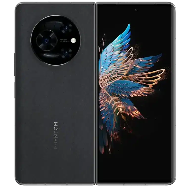 Tecno Phantom V Fold An image of the Tecno Phantom V Fold smartphone, folded to display its compact form factor. The device features a foldable display, seamlessly transitioning between a smartphone and a tablet. Its sleek design and advanced technology redefine innovation in mobile devices.
