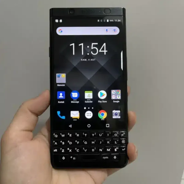 A close-up image of the BlackBerry Keyone smartphone, displaying the BlackBerry logo on the screen and the physical keyboard below.