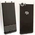 A close-up image of the BlackBerry Keyone smartphone, displaying the BlackBerry logo on the screen and the physical keyboard below.