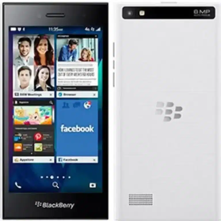A black BlackBerry Leap smartphone, featuring a minimalist design with a touchscreen display and BlackBerry logo at the bottom.