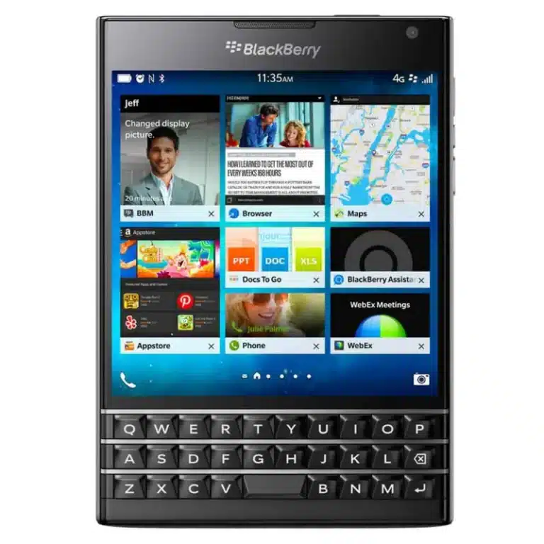 A black BlackBerry Passport smartphone featuring a square-shaped display and a physical keyboard, symbolizing productivity and elegance in mobile technology.