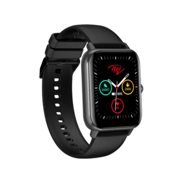 A sleek black itel Smart Watch 2, displaying a vibrant touchscreen interface with various app icons, indicating its advanced functionality and stylish design.