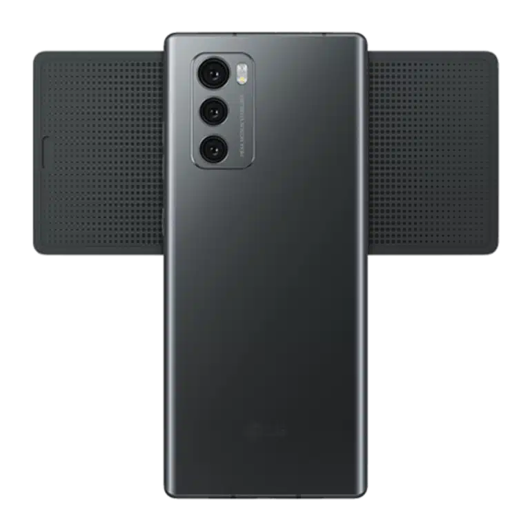 LG Wing 5G Image of the LG Wing 5G smartphone with its main display swiveled horizontally to reveal the secondary screen underneath, highlighting its innovative design and multitasking capabilities.
