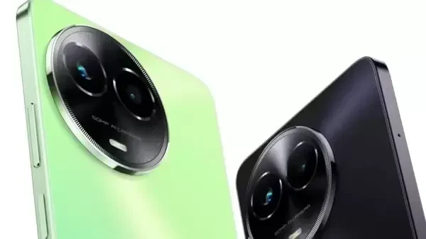 A close-up of the Realme C67 smartphone showcasing its sleek design and advanced camera features.