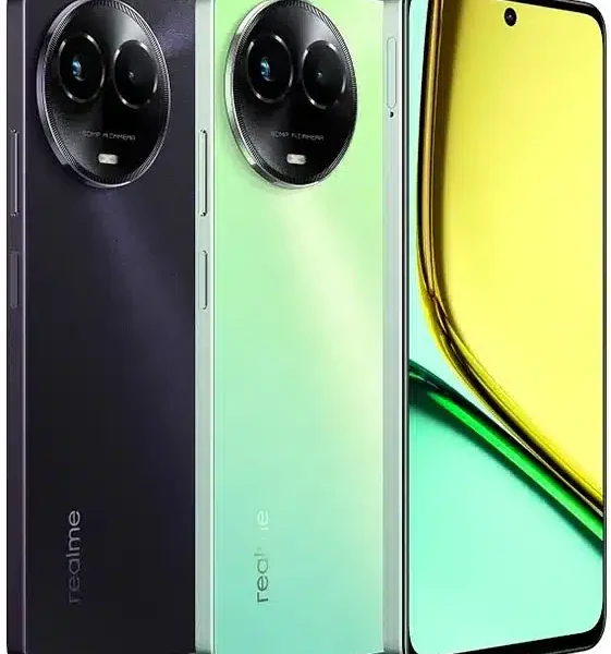 A close-up of the Realme C67 smartphone showcasing its sleek design and advanced camera features.