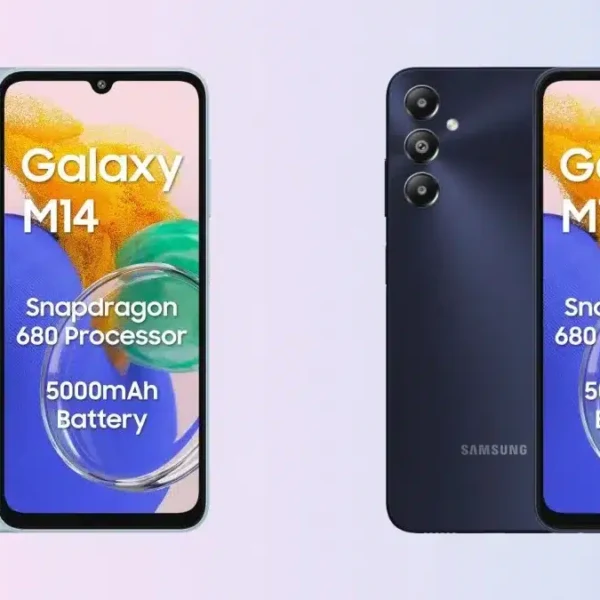 Samsung Galaxy M14 4G smartphone showcasing its sleek design and advanced features, captured in high resolution for a detailed view.