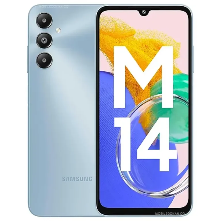 Samsung Galaxy M14 4G smartphone showcasing its sleek design and advanced features, captured in high resolution for a detailed view.