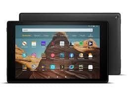 Amazon Fire HD 10 (2019) tablet displaying its vibrant screen and sleek design, captured in high resolution for detailed viewing