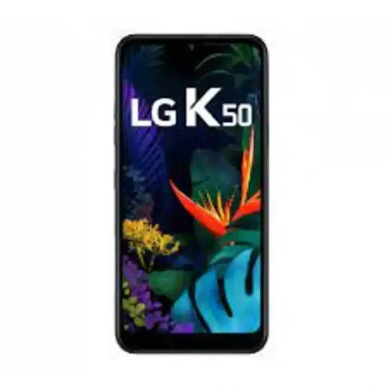 Image of the LG K50 smartphone, showcasing its sleek design and large display, with dual rear cameras visible on the back.