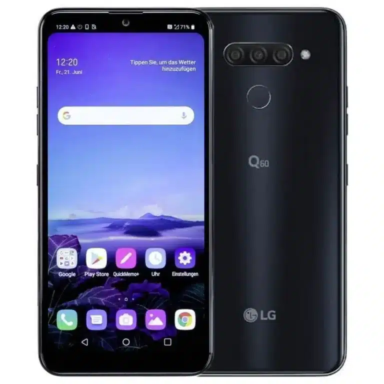 An image of the LG Q60 smartphone, featuring a sleek design and large display.