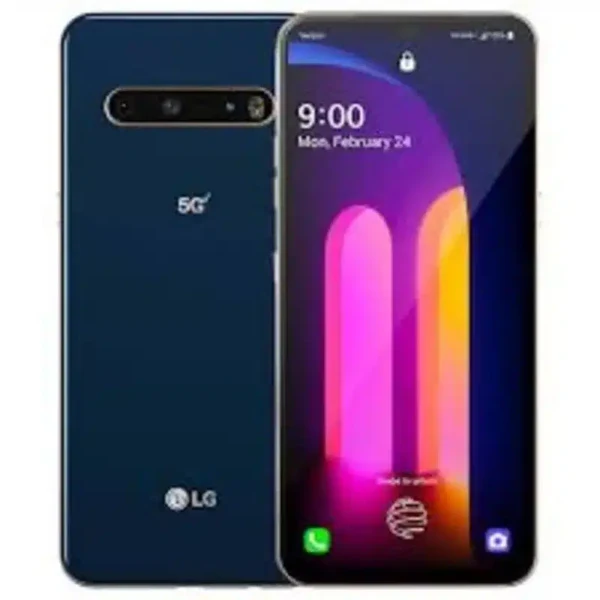 A sleek smartphone, the LG V60 ThinQ 5G, featuring a dual-screen option and advanced camera capabilities.