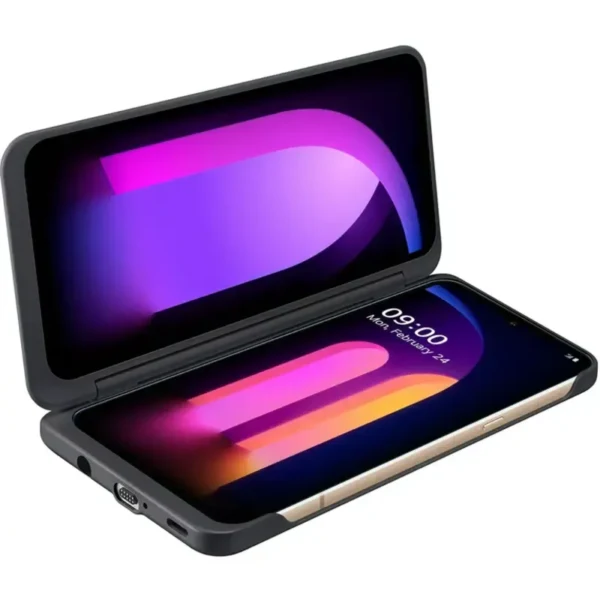 A sleek smartphone, the LG V60 ThinQ 5G, featuring a dual-screen option and advanced camera capabilities.