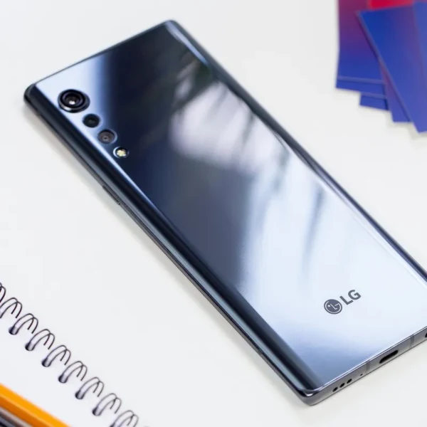 A side view of the LG Velvet smartphone, displaying its elegant design with smooth curves and a minimalist aesthetic.