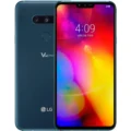 An image of the LG V40 ThinQ smartphone, displaying its sleek design and vibrant OLED screen.