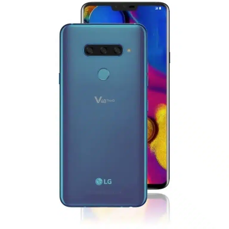 An image of the LG V40 ThinQ smartphone, displaying its sleek design and vibrant OLED screen.