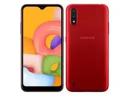 A sleek black Samsung Galaxy A01 smartphone against a vibrant background. A sleek black Samsung Galaxy A01 smartphone against a vibrant background.