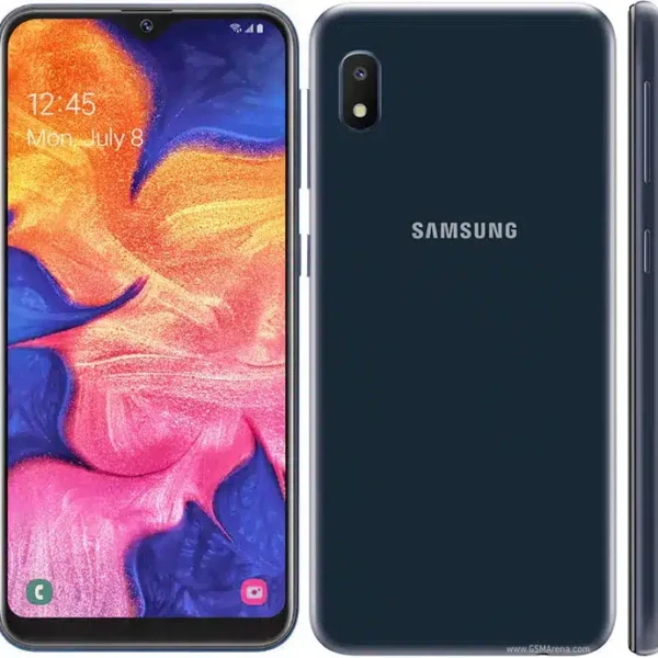 A sleek Samsung Galaxy A10e smartphone resting on a reflective surface.