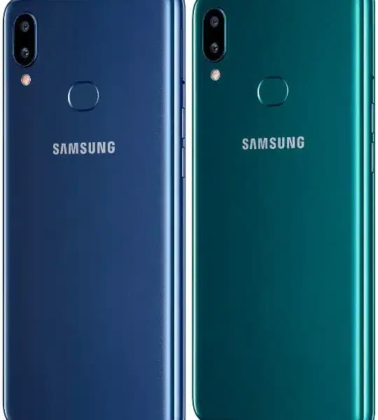 A sleek black Samsung Galaxy A10s smartphone resting on a white surface.