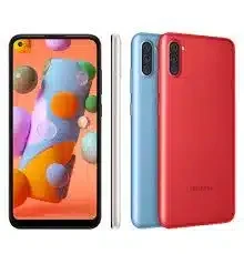 Samsung Galaxy A11 smartphone displaying its sleek design and vibrant display, captured in high resolution for detailed viewing.