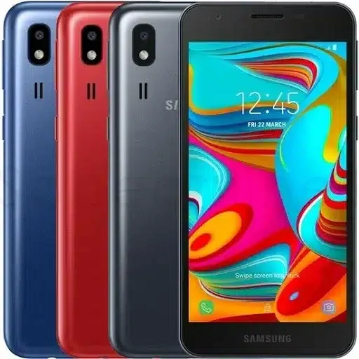 A sleek black Samsung Galaxy A2 Core smartphone resting on a wooden surface.