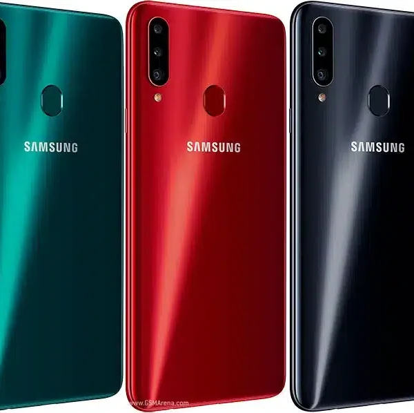 A sleek Samsung Galaxy A20s smartphone displayed against a gradient background.