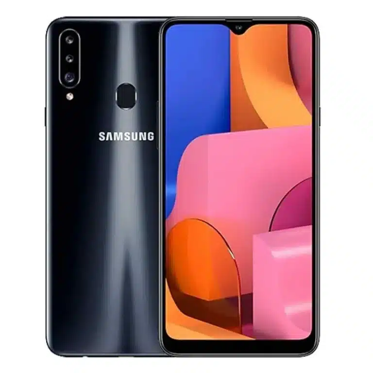 Samsung Galaxy A20s A sleek Samsung Galaxy A20s smartphone displayed against a gradient background.