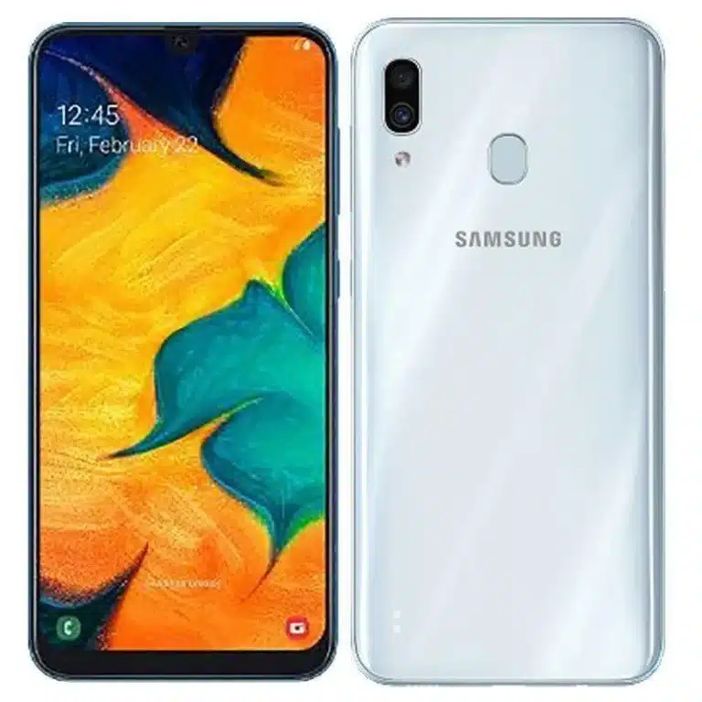 A sleek Samsung Galaxy A30 smartphone resting on a white surface.