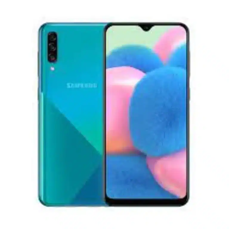 Samsung Galaxy A30s A sleek Samsung Galaxy A30s smartphone resting on a reflective surface.