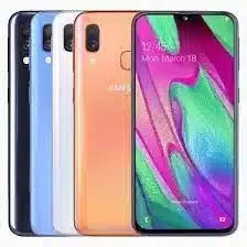 A sleek Samsung Galaxy A40 smartphone against a vibrant background.