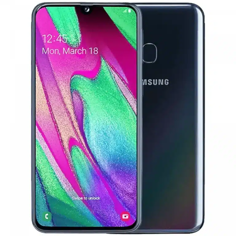 A sleek Samsung Galaxy A40 smartphone against a vibrant background.