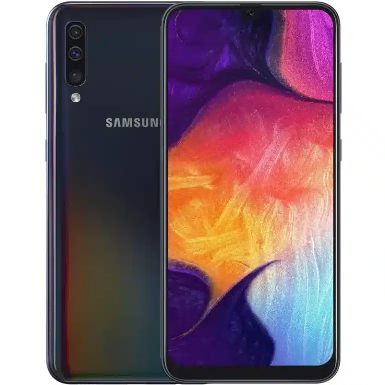 Samsung Galaxy A50 A sleek Samsung Galaxy A50 smartphone resting on a reflective surface, displaying its vibrant screen and slim design.