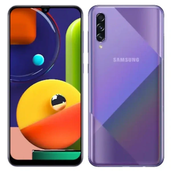 A sleek Samsung Galaxy A50s smartphone lying on a white surface with a vibrant display.