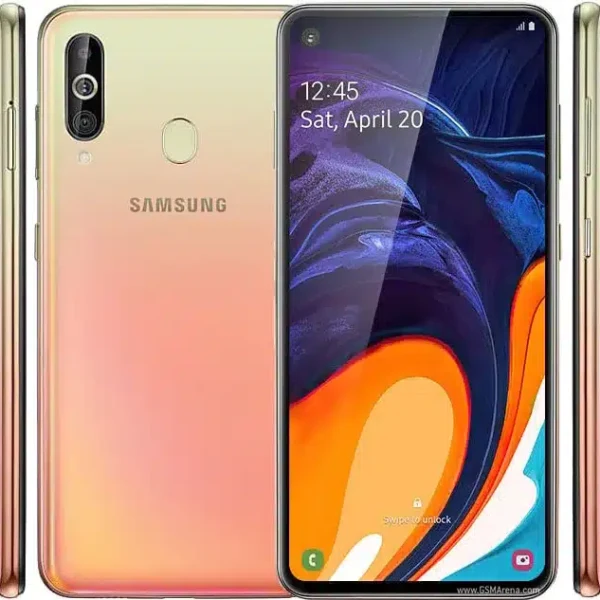 The Samsung Galaxy A60 displayed in a sleek design against a vibrant background.