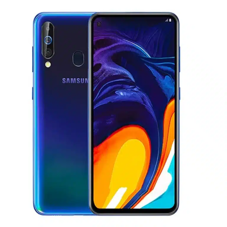 The Samsung Galaxy A60 displayed in a sleek design against a vibrant background.