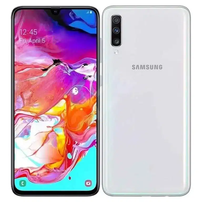 A sleek Samsung Galaxy A70 smartphone resting on a white surface.